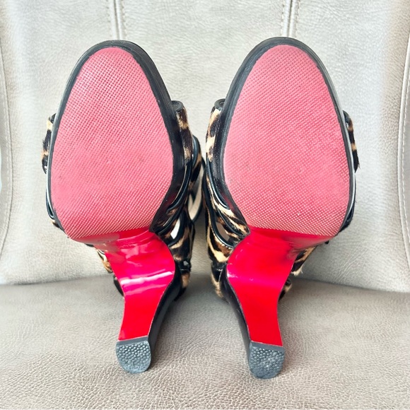 Christian loub Keny 120 Leopard Calf Hair Brown Black Gladiator Peep Toe 38 1/2 - Picture 11 of 16